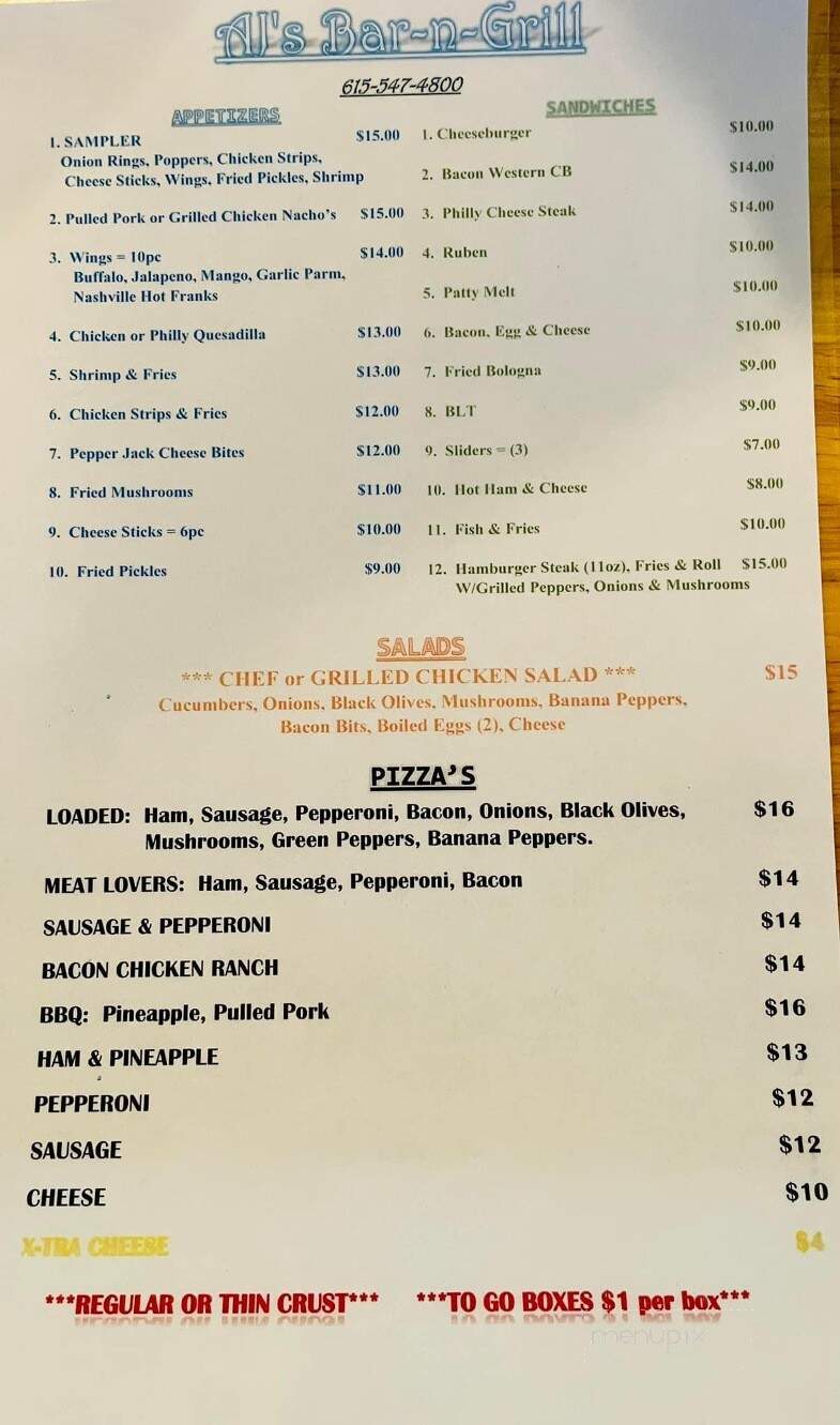 AJ's Bar & Grill - Lebanon, TN menu_pic