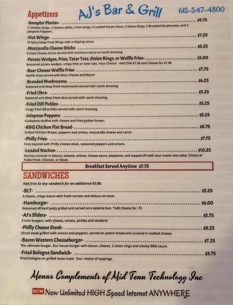 AJ's Bar & Grill - Lebanon, TN menu_pic