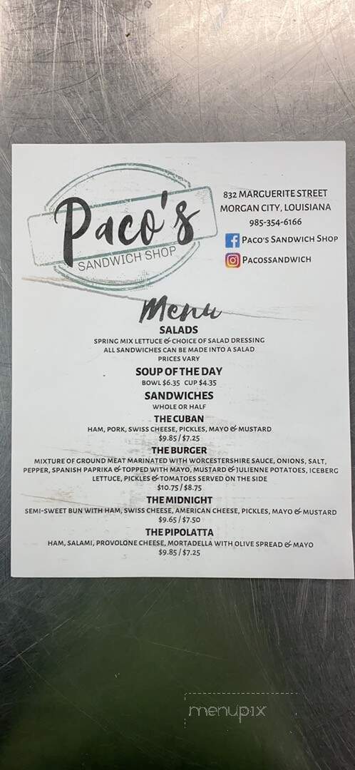 Paco's Sandwich Shop - Morgan City, LA menu_pic