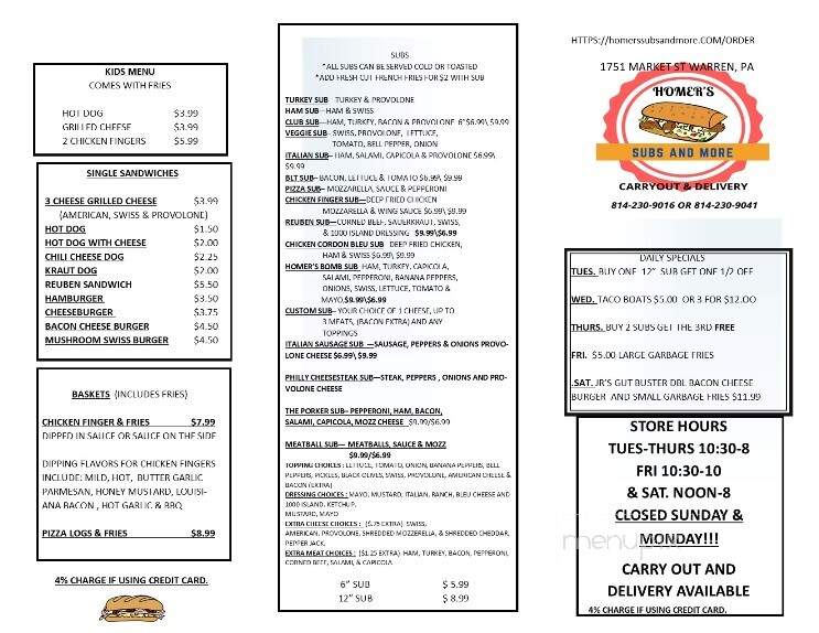 Homer's Subs and More - Warren, PA menu_pic