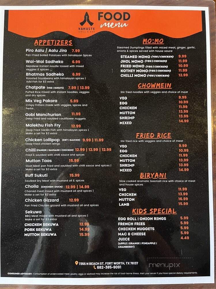 Namaste Grill & Bar - Fort Worth, TX menu_pic