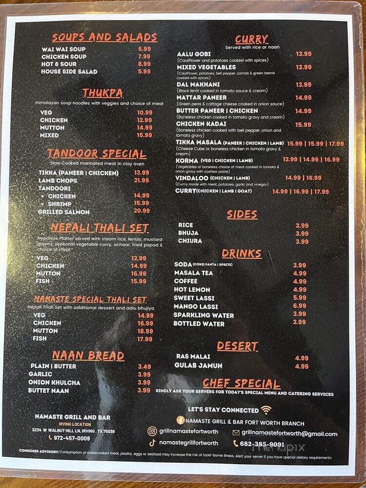 Namaste Grill & Bar - Fort Worth, TX menu_pic