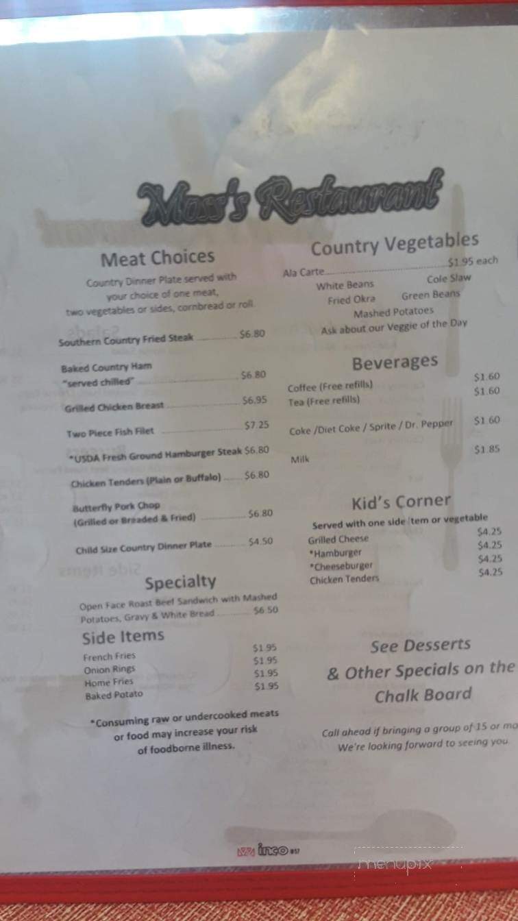 Moss's Coach House - Adams, TN menu_pic
