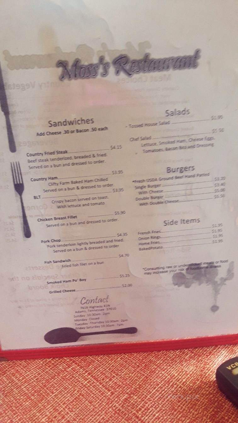 Moss's Coach House - Adams, TN menu_pic