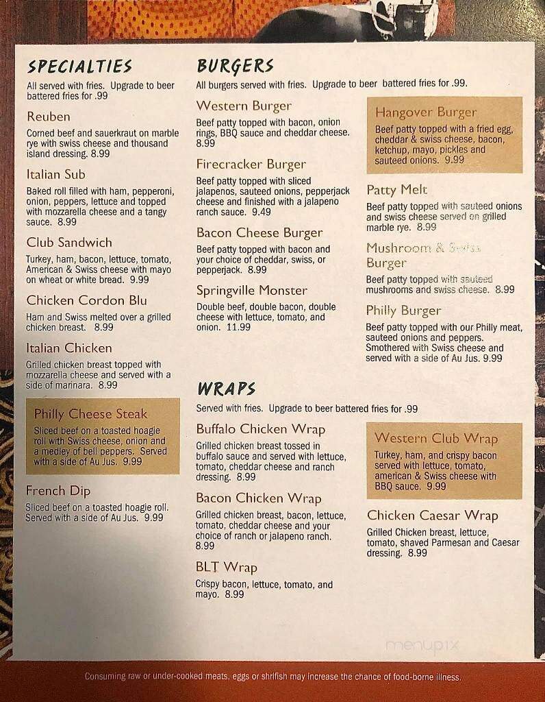 Springville Sports Grill - Plover, WI menu_pic