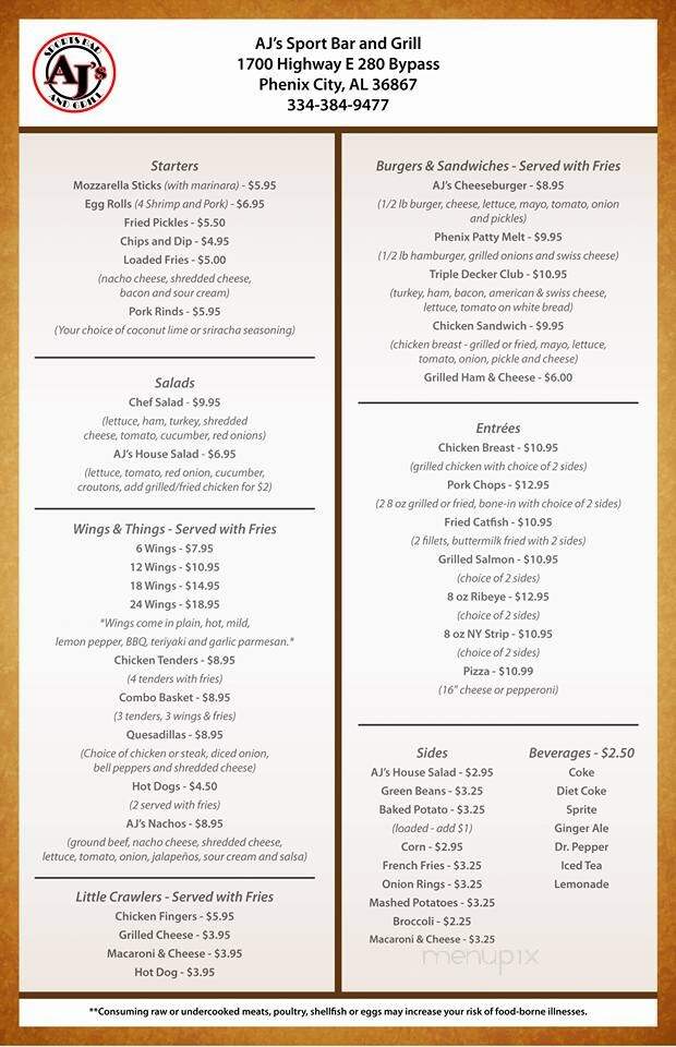 AJ's Sports Bar & Grill - Phenix City, AL menu_pic