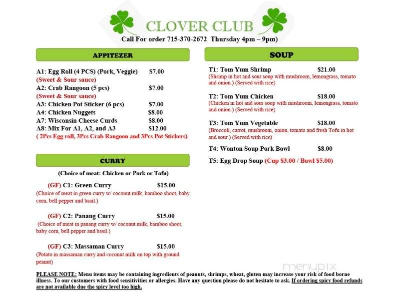 Clover Club - Irma, WI menu_pic