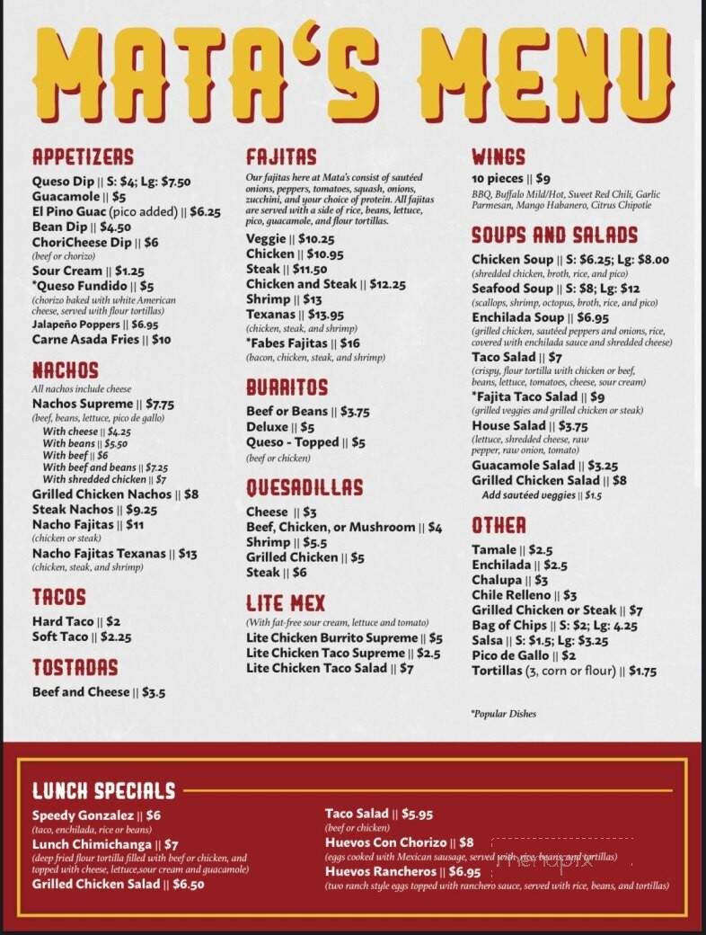 Mata's Mexican Bar and Grill - Spartanburg, SC menu_pic