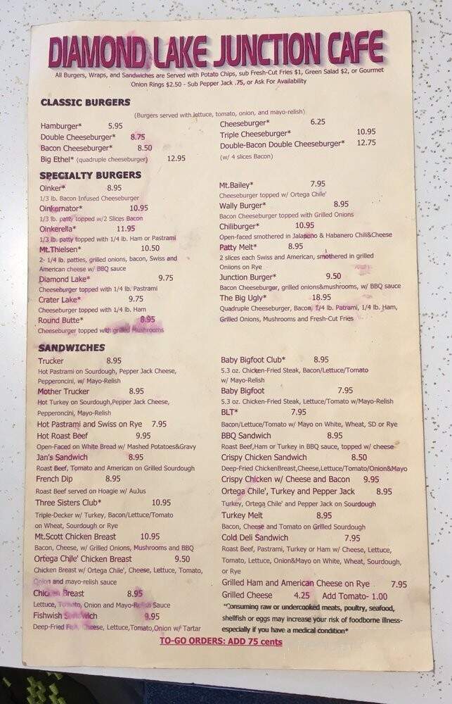 Diamond Lake Junction Cafe - Chemult, OR menu_pic