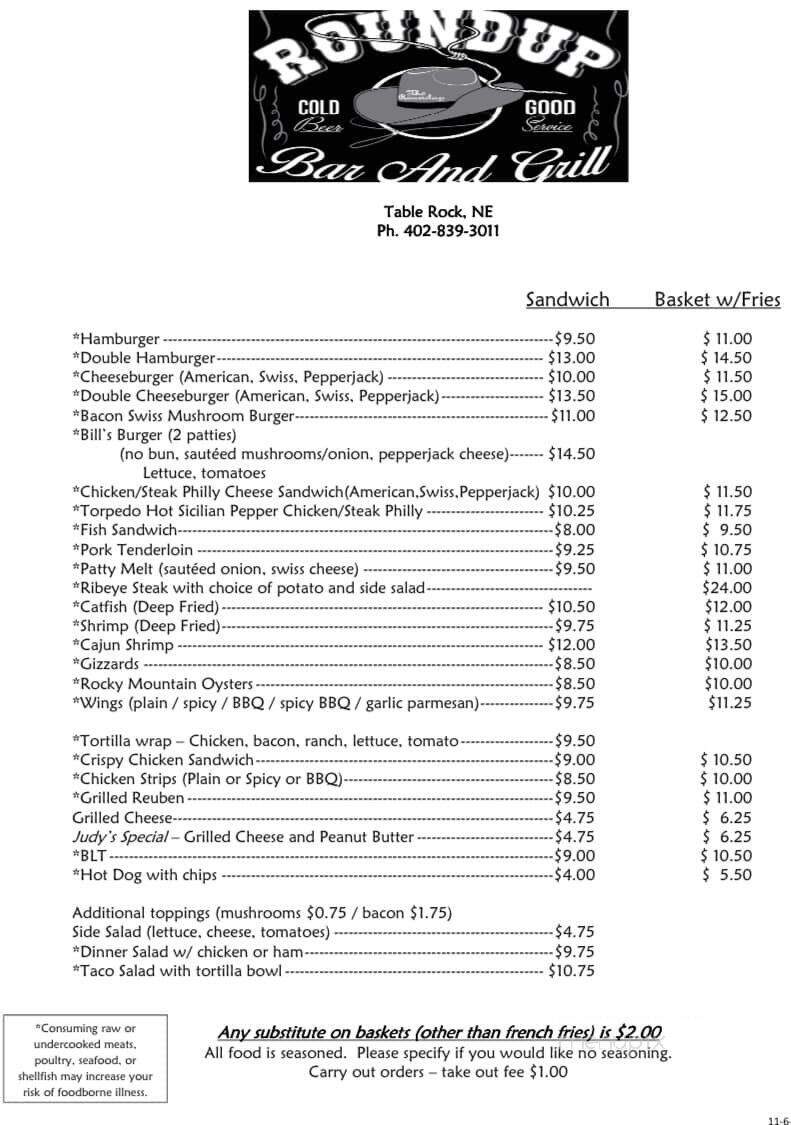 The Roundup Bar and Grill - Table Rock, NE menu_pic
