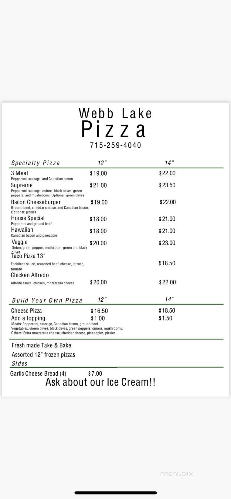 Webb Lake Pizza - Webb Lake, WI menu_pic