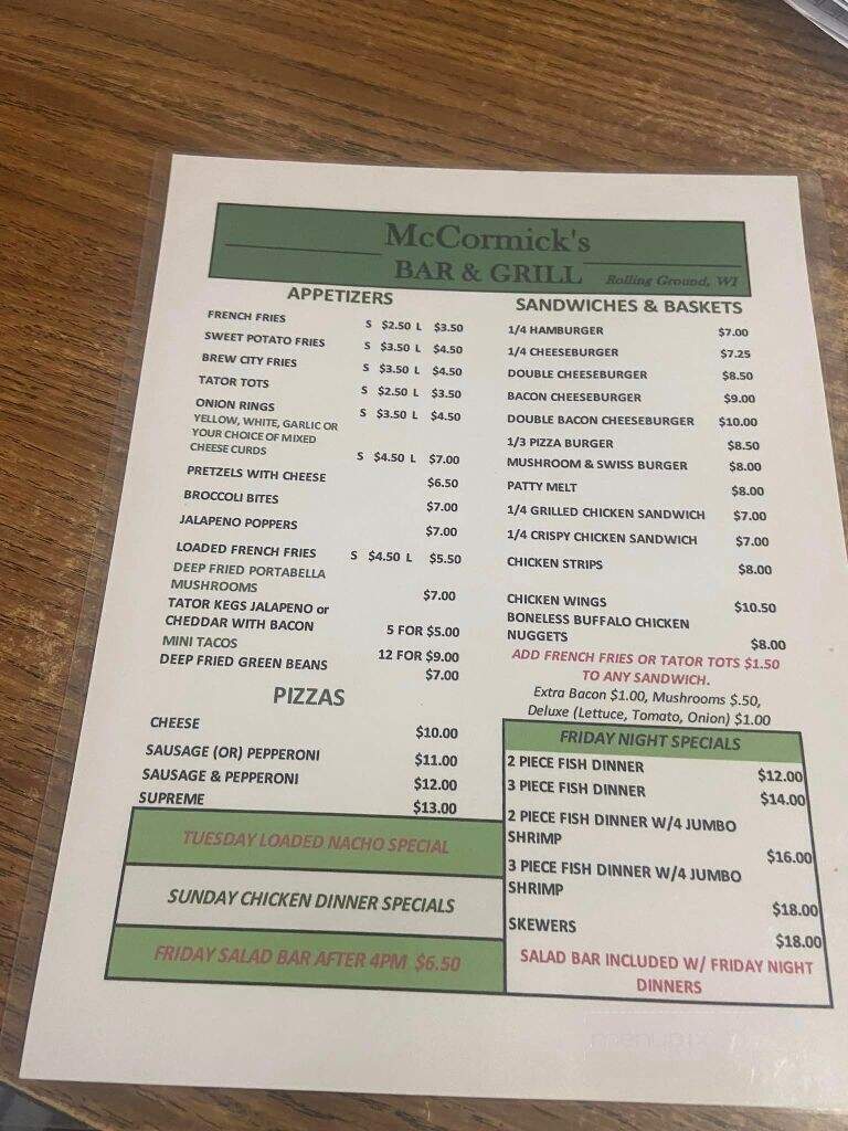 McCormick's Bar & Grill - Soldiers Grove, WI menu_pic