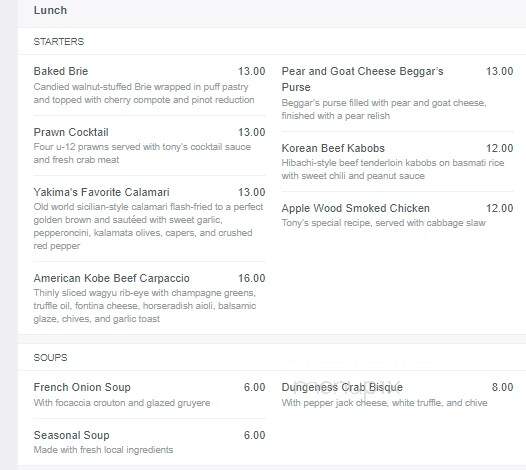 Tony's Steakhouse - Yakima, WA menu_pic