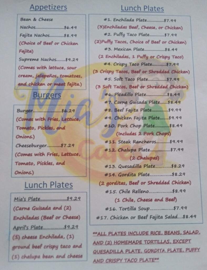Mia's Cafe - Elmendorf, TX menu_pic