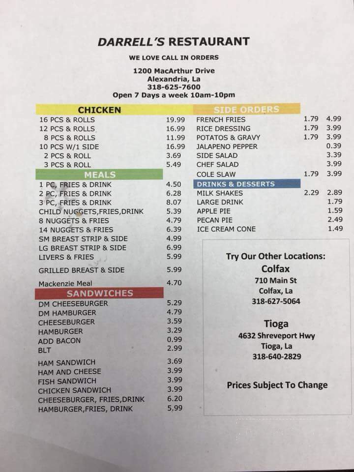 Darrell's Restaurant - Alexandria, LA menu_pic