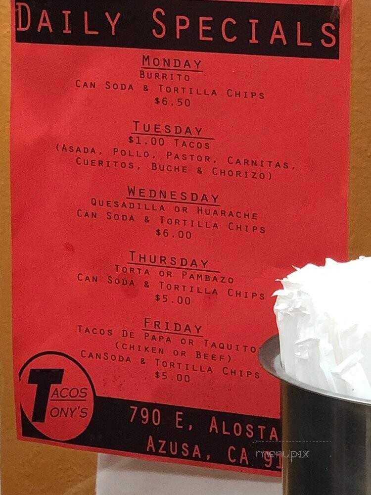 Tony's Tacos - Azusa, CA menu_pic