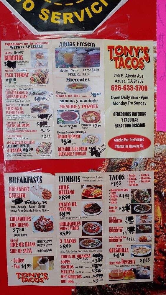 Tony's Tacos - Azusa, CA menu_pic