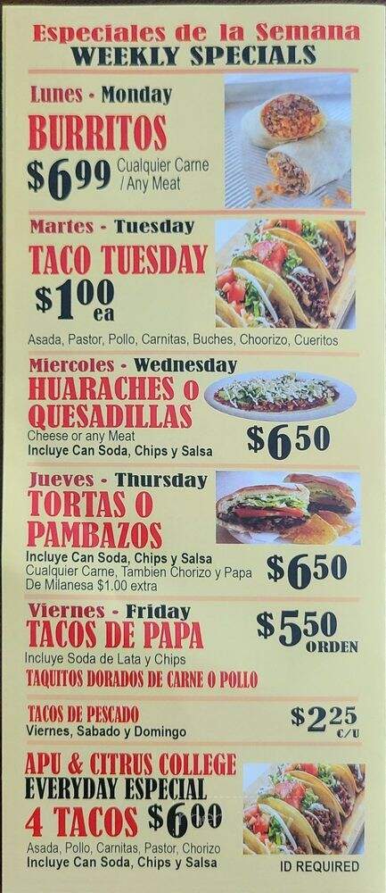 Tony's Tacos - Azusa, CA menu_pic