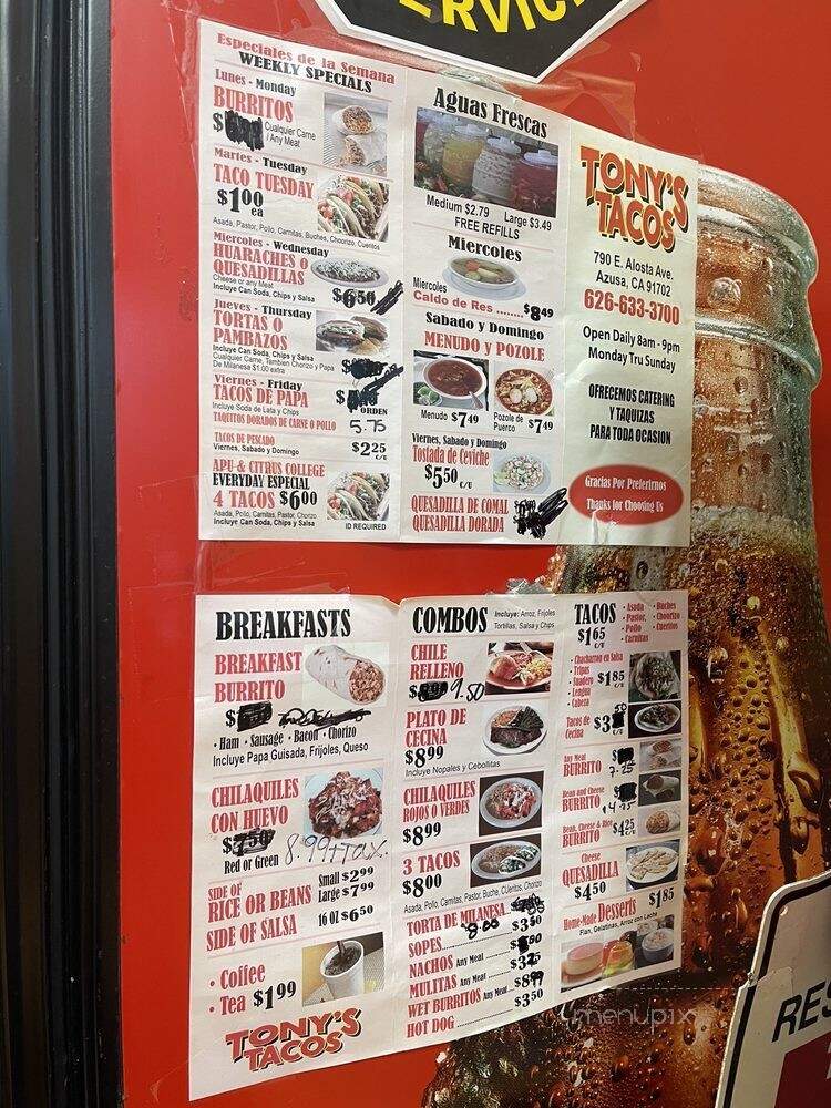 Tony's Tacos - Azusa, CA menu_pic