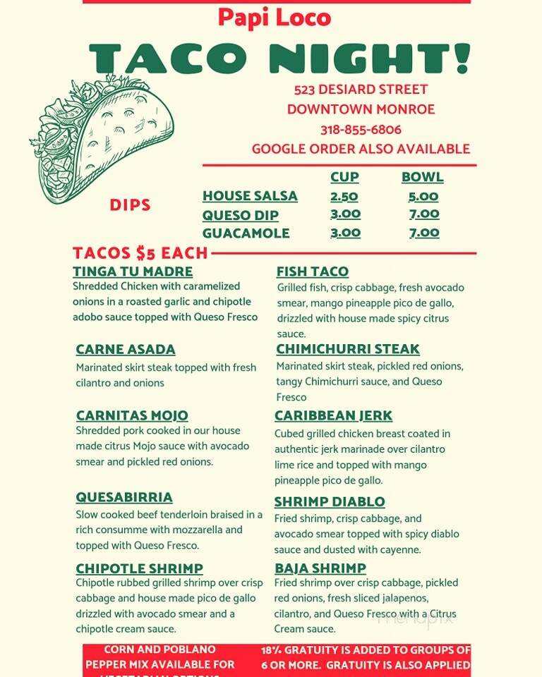Papi Loco Taco Bar - Monroe, LA menu_pic