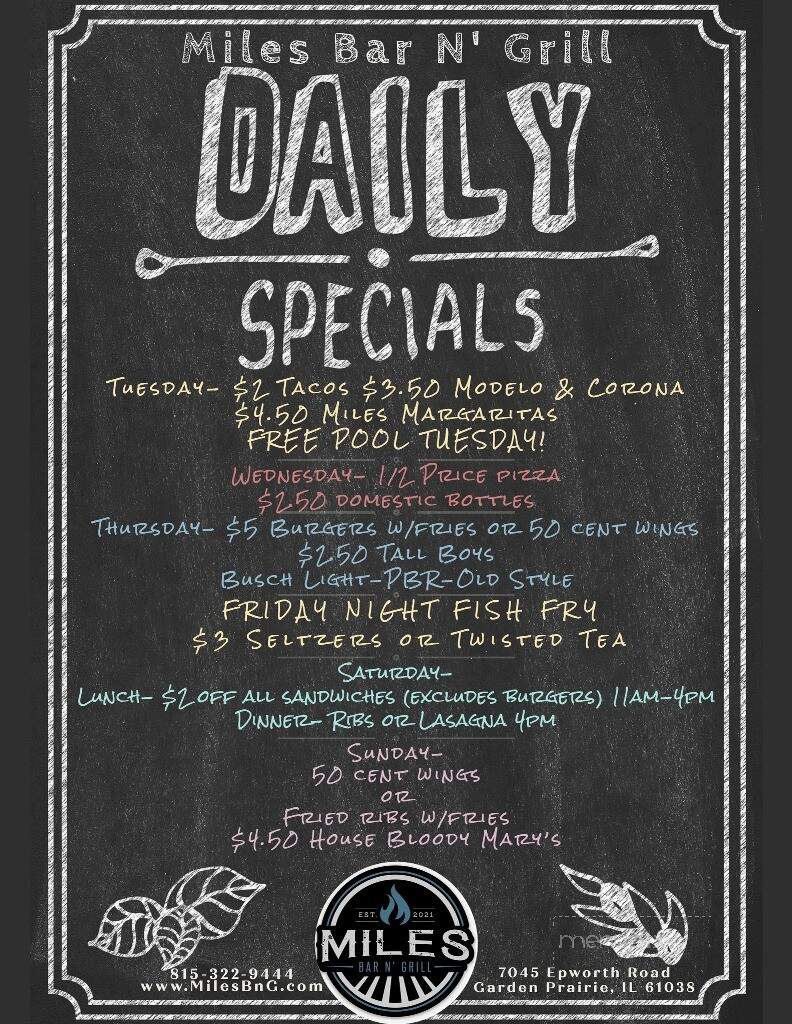 Miles Bar N' Grill - Garden Prairie, IL menu_pic