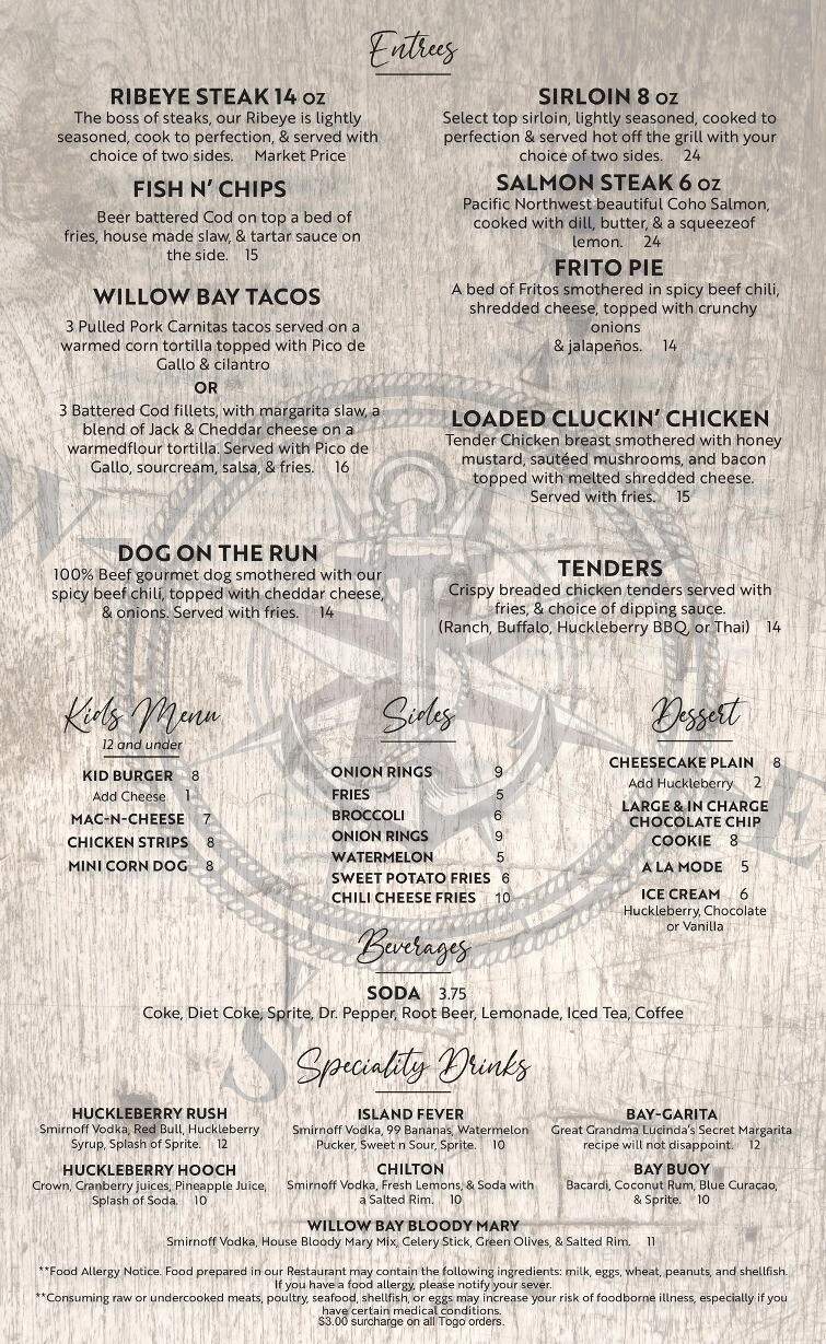 Willow Bay Marina and Resort - Priest River, ID menu_pic
