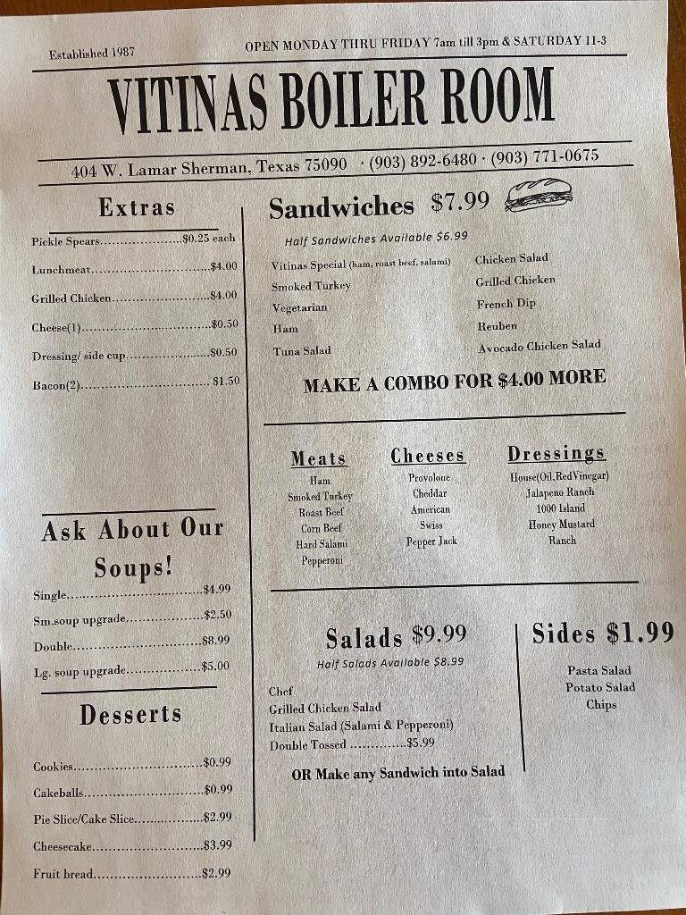 Vitina's Deli & Boiler Room - Sherman, TX menu_pic