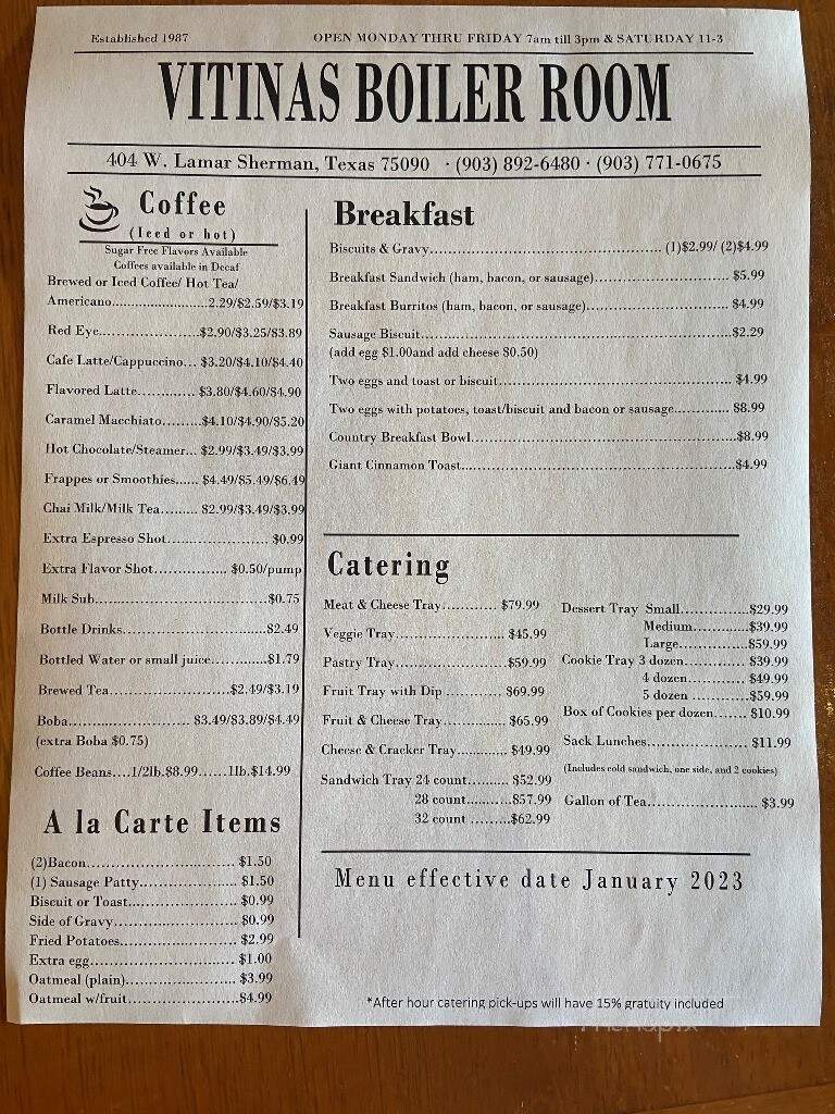 Vitina's Deli & Boiler Room - Sherman, TX menu_pic
