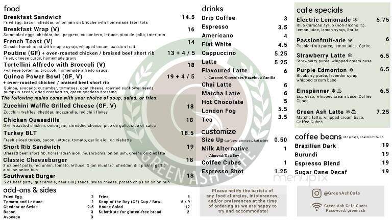 Green Ash Cafe - Edmonton, AB menu_pic