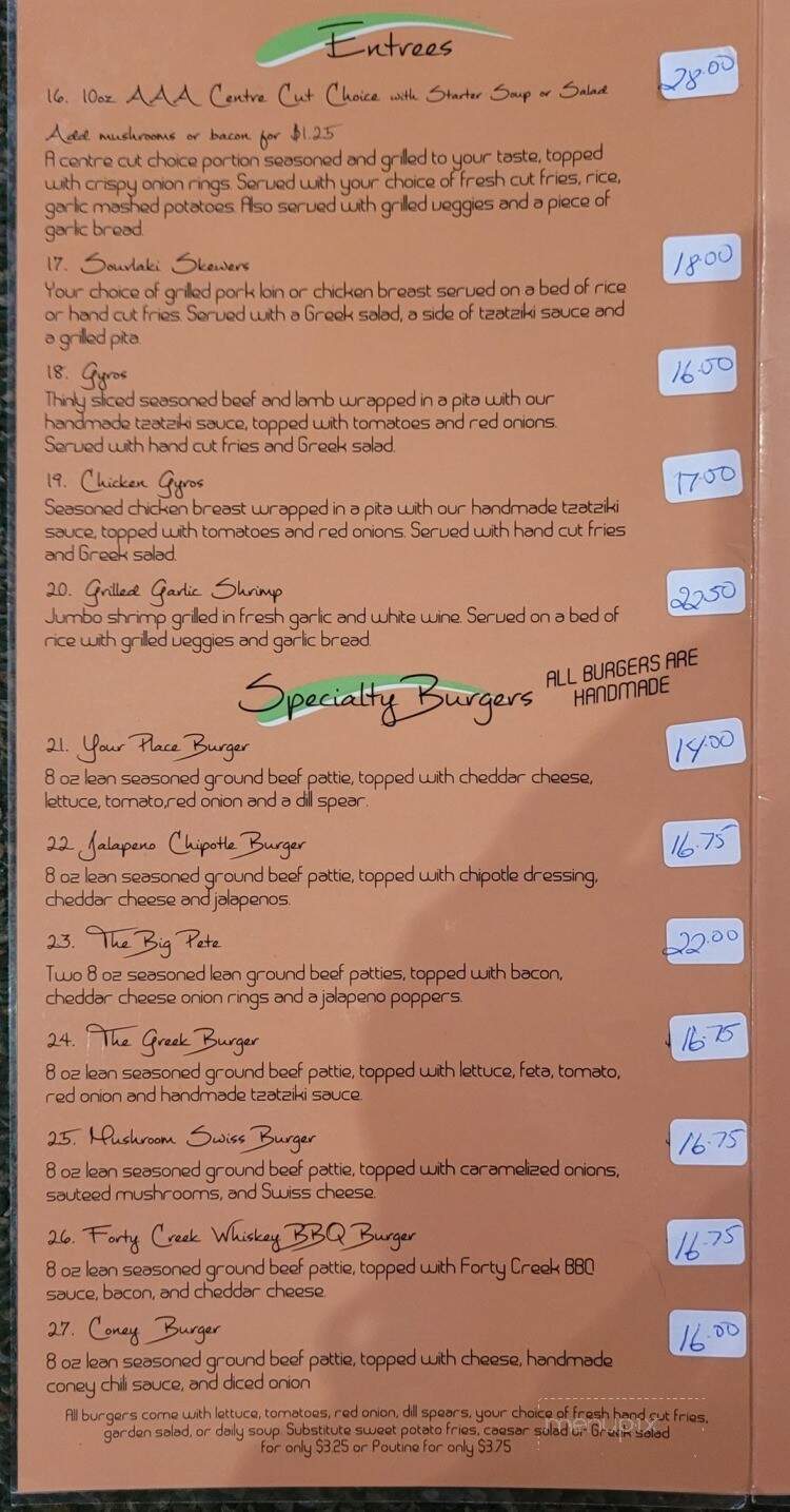 Your Place Eatery and Bar - Sarnia, ON menu_pic