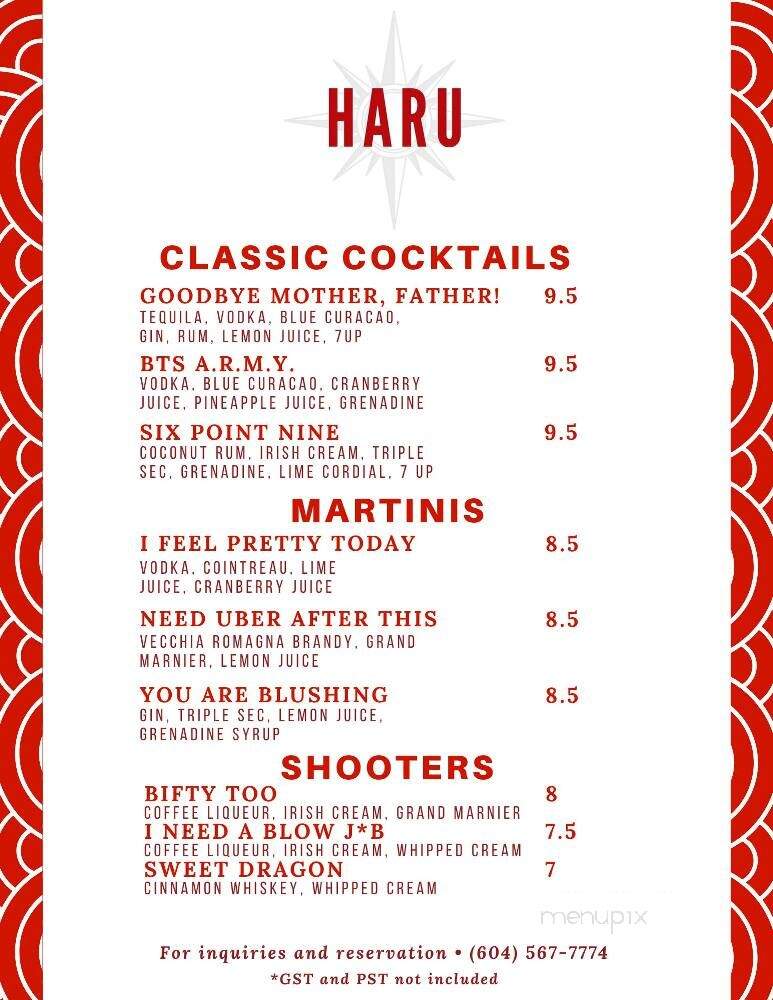 Haru Fusion Cuisine - Squamish, BC menu_pic
