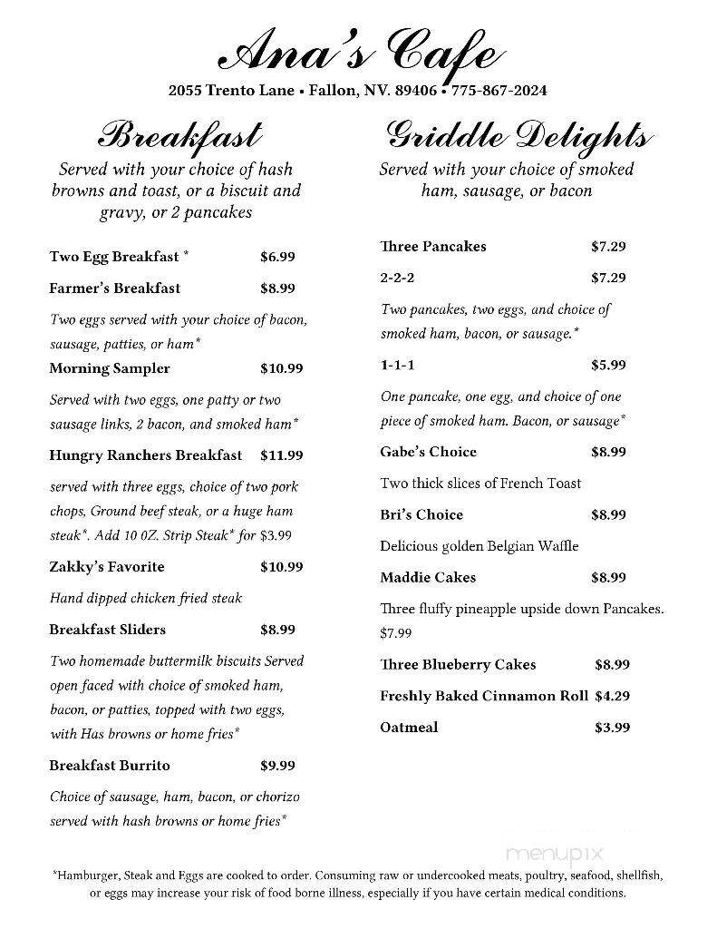 Ana's Cafe - Fallon, NV menu_pic
