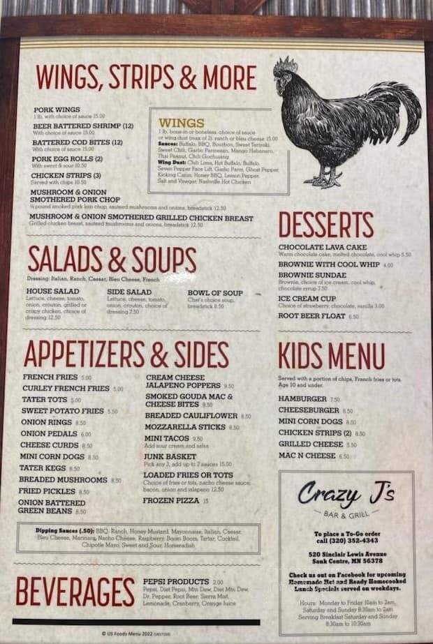 Crazy J's Bar & Grill - Sauk Centre, MN menu_pic