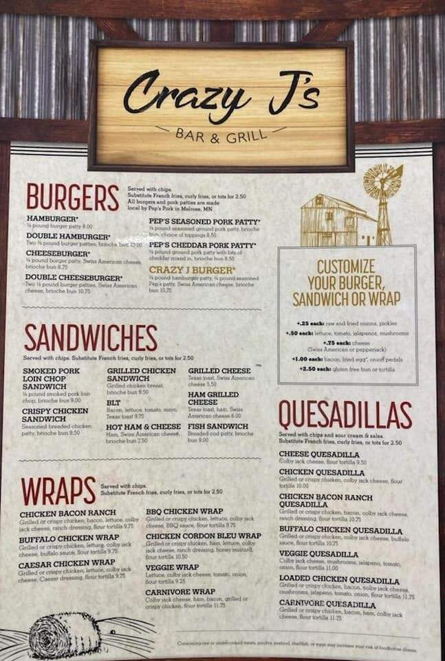 Crazy J's Bar & Grill - Sauk Centre, MN menu_pic