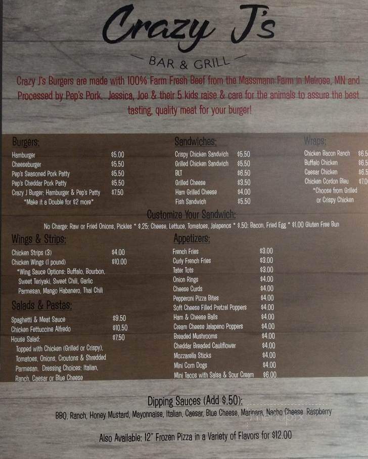 Crazy J's Bar & Grill - Sauk Centre, MN menu_pic