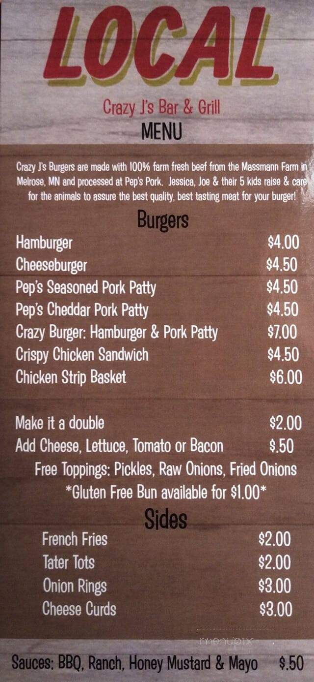 Crazy J's Bar & Grill - Sauk Centre, MN menu_pic
