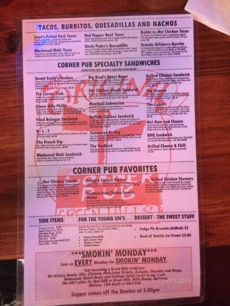 Corner Pub, Green Hills - Nashville, TN menu_pic