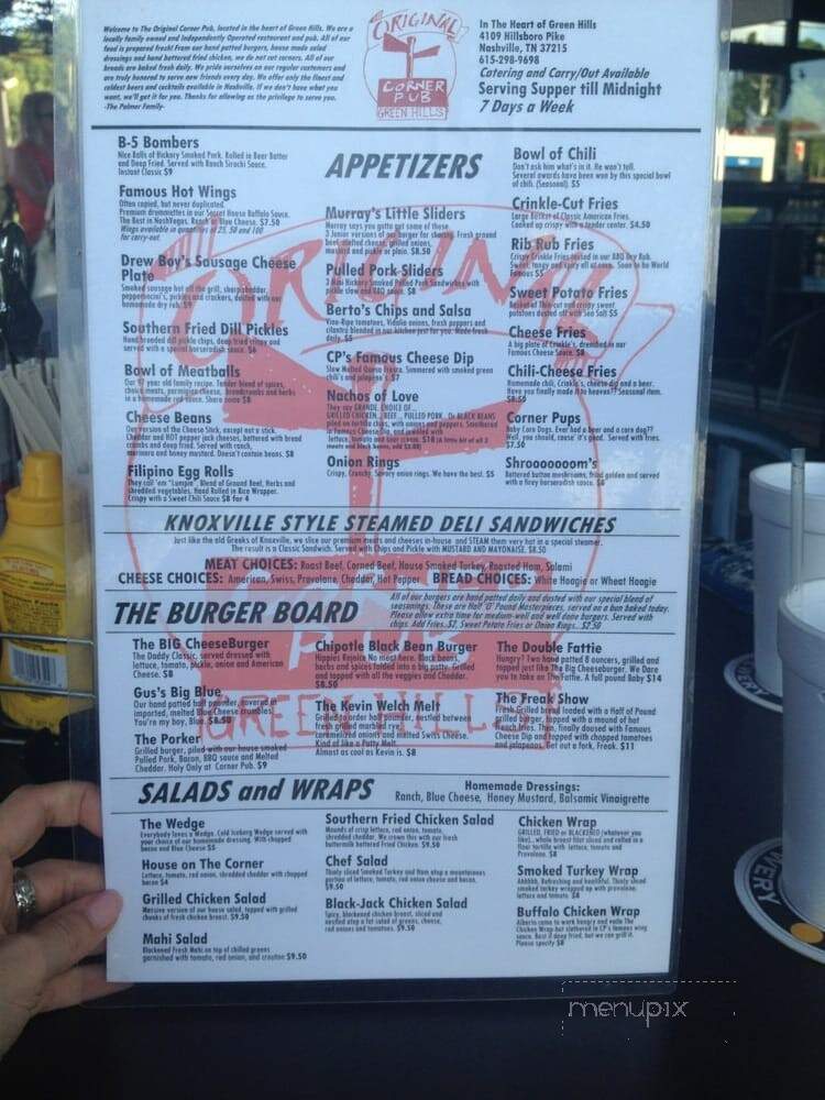 Corner Pub, Green Hills - Nashville, TN menu_pic