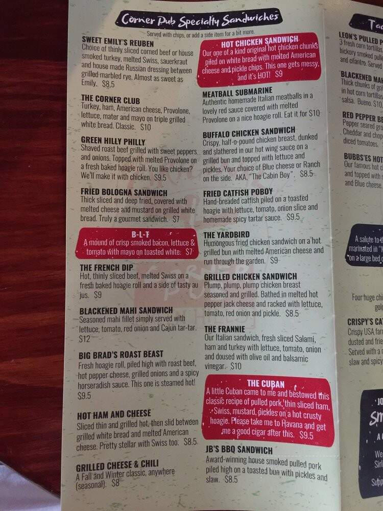 Corner Pub, Green Hills - Nashville, TN menu_pic