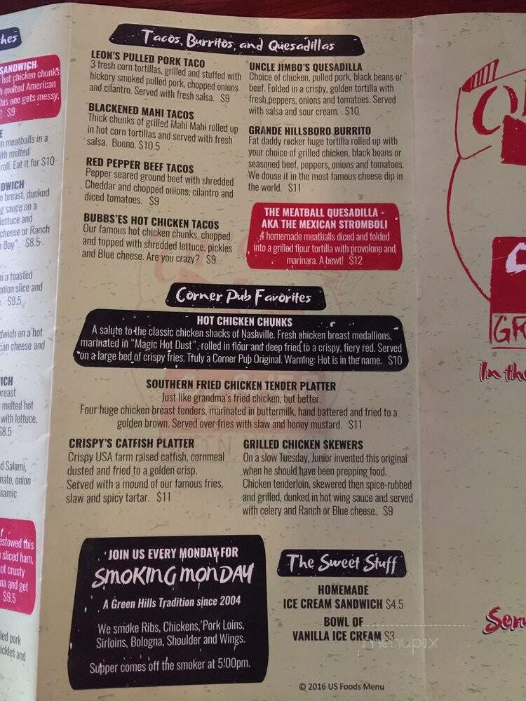 Corner Pub, Green Hills - Nashville, TN menu_pic
