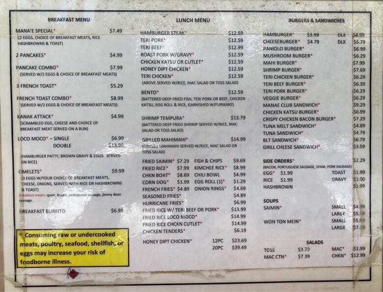 Manae Goods & Grindz - Kaunakakai, HI menu_pic