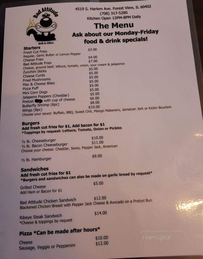 Bad Attitude Bar and Grill - Forest View, IL menu_pic
