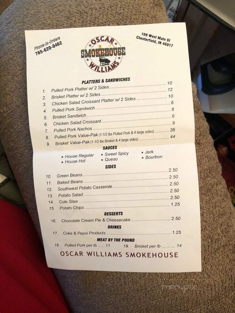 Oscar Williams Smokehouse - Anderson, IN menu_pic