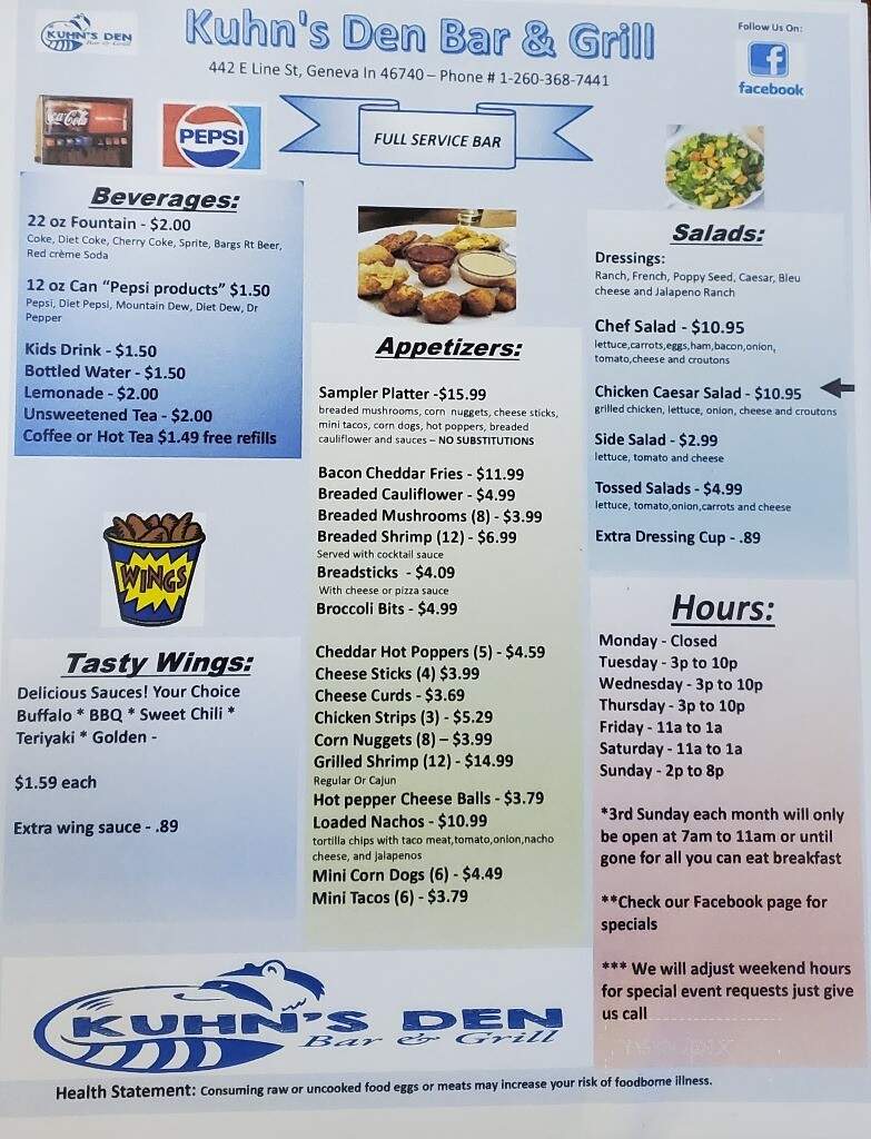 Kuhns Den - Geneva, IN menu_pic