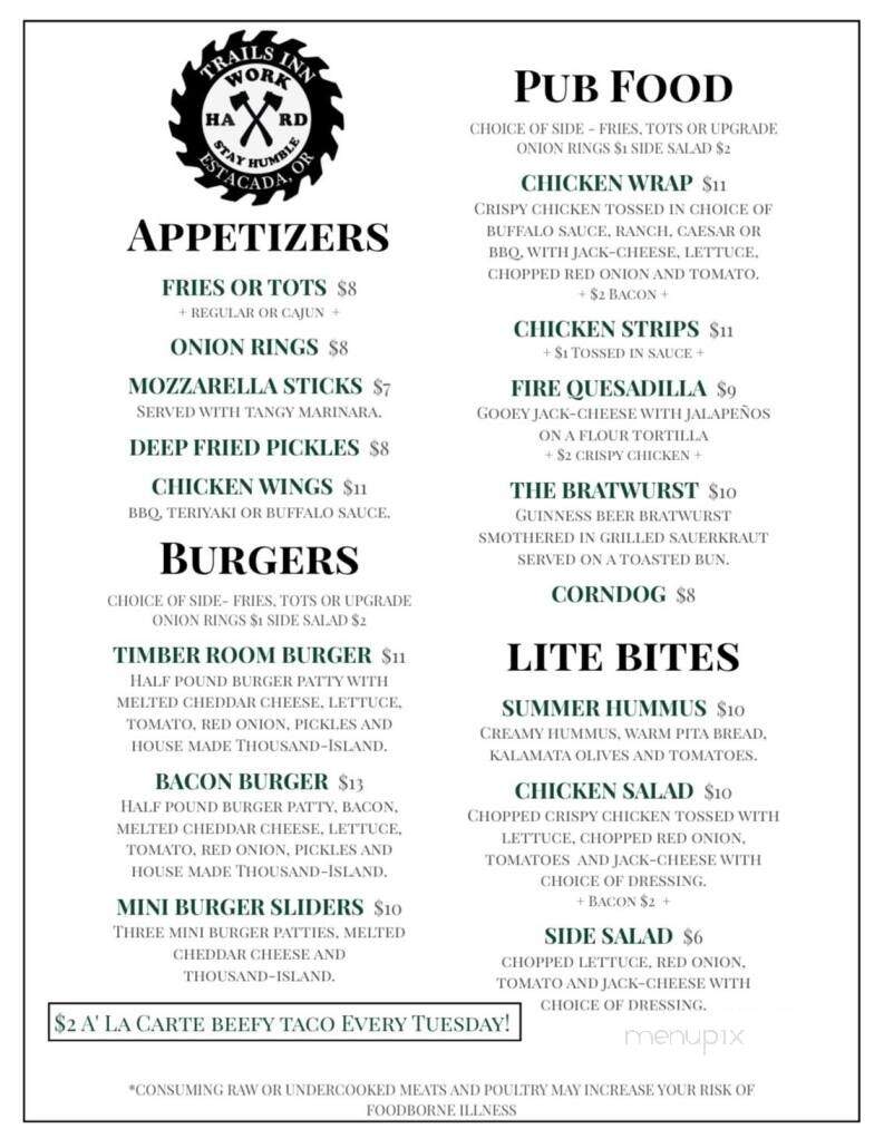 Trails Inn Cafe & Timber Room - Estacada, OR menu_pic