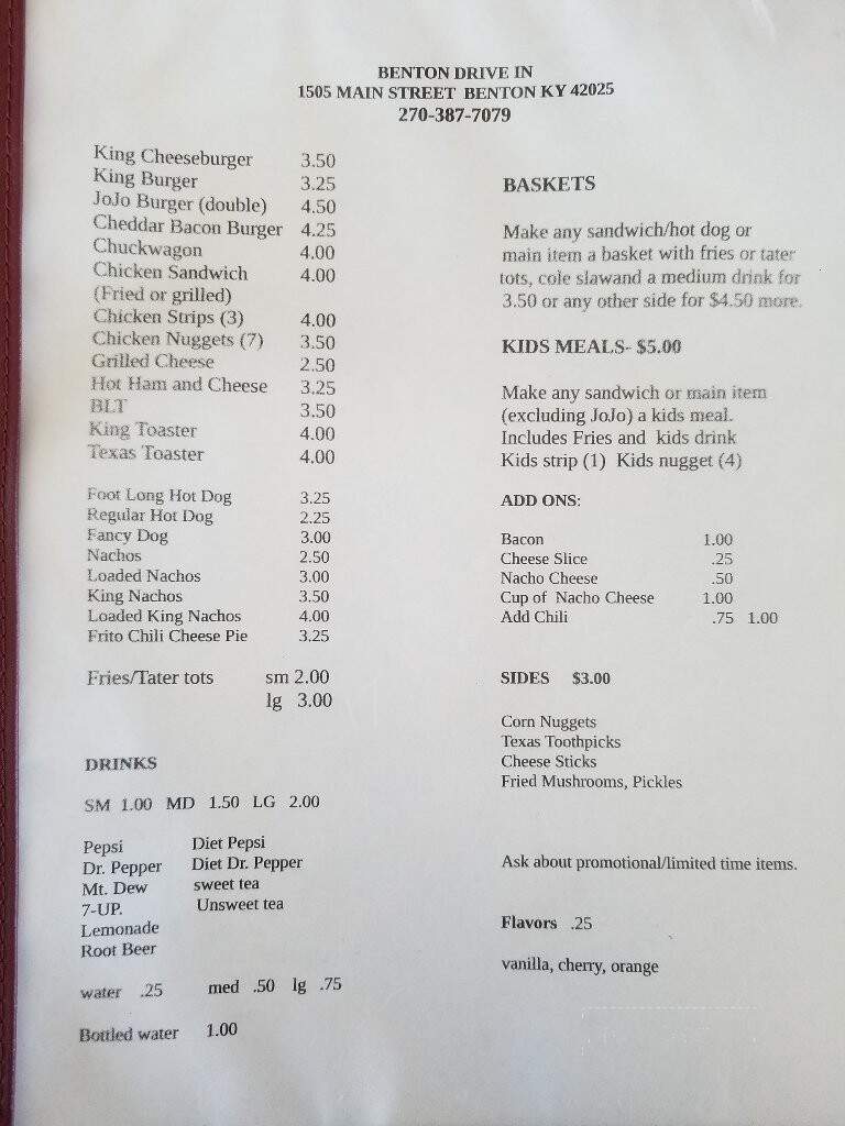 Benton Drive In - Benton, KY menu_pic