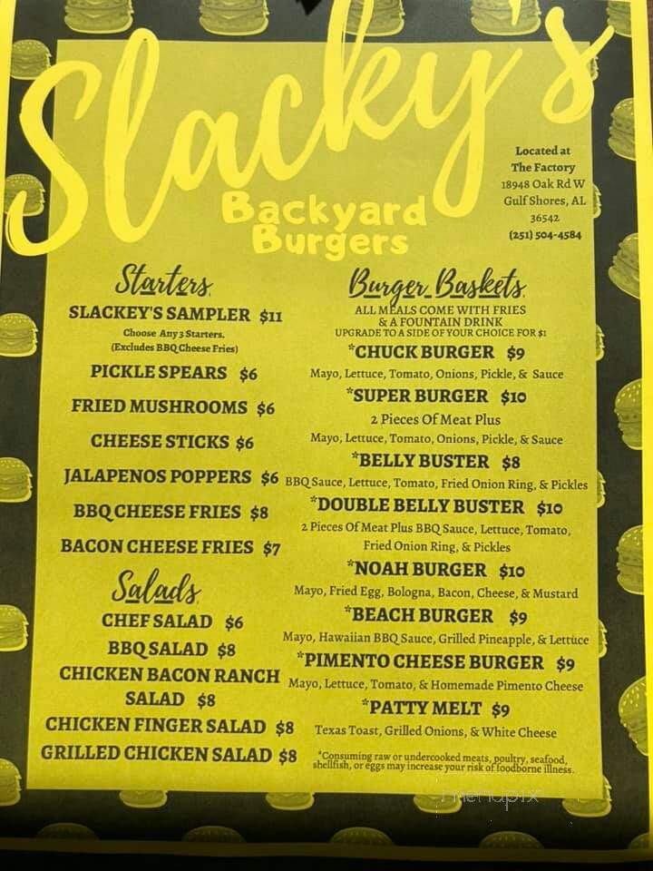 Slackey's Backyard Burgers - Gulf Shores, AL menu_pic