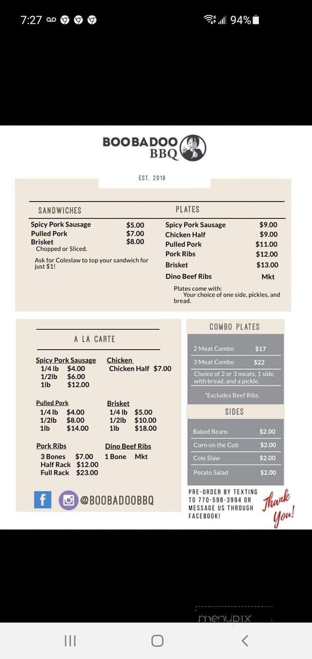 Boobadoo BBQ - Dallas, GA menu_pic