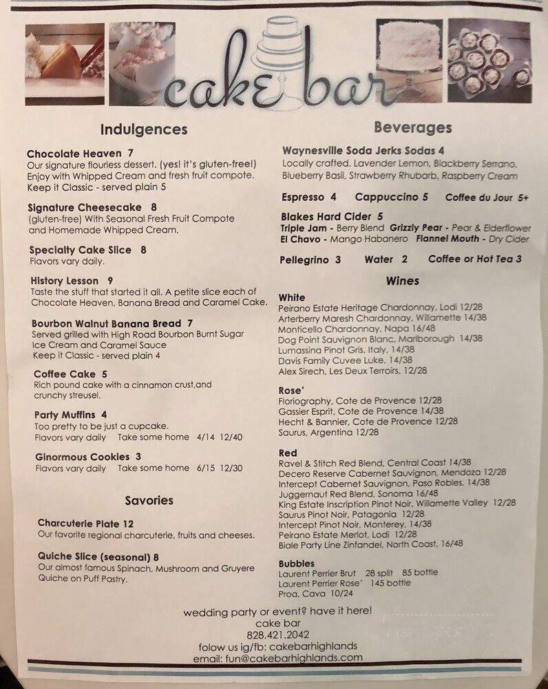 Cake Bar - Highlands, NC menu_pic