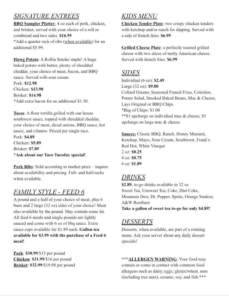 Rollin Smoke BBQ - Johnson City, TN menu_pic